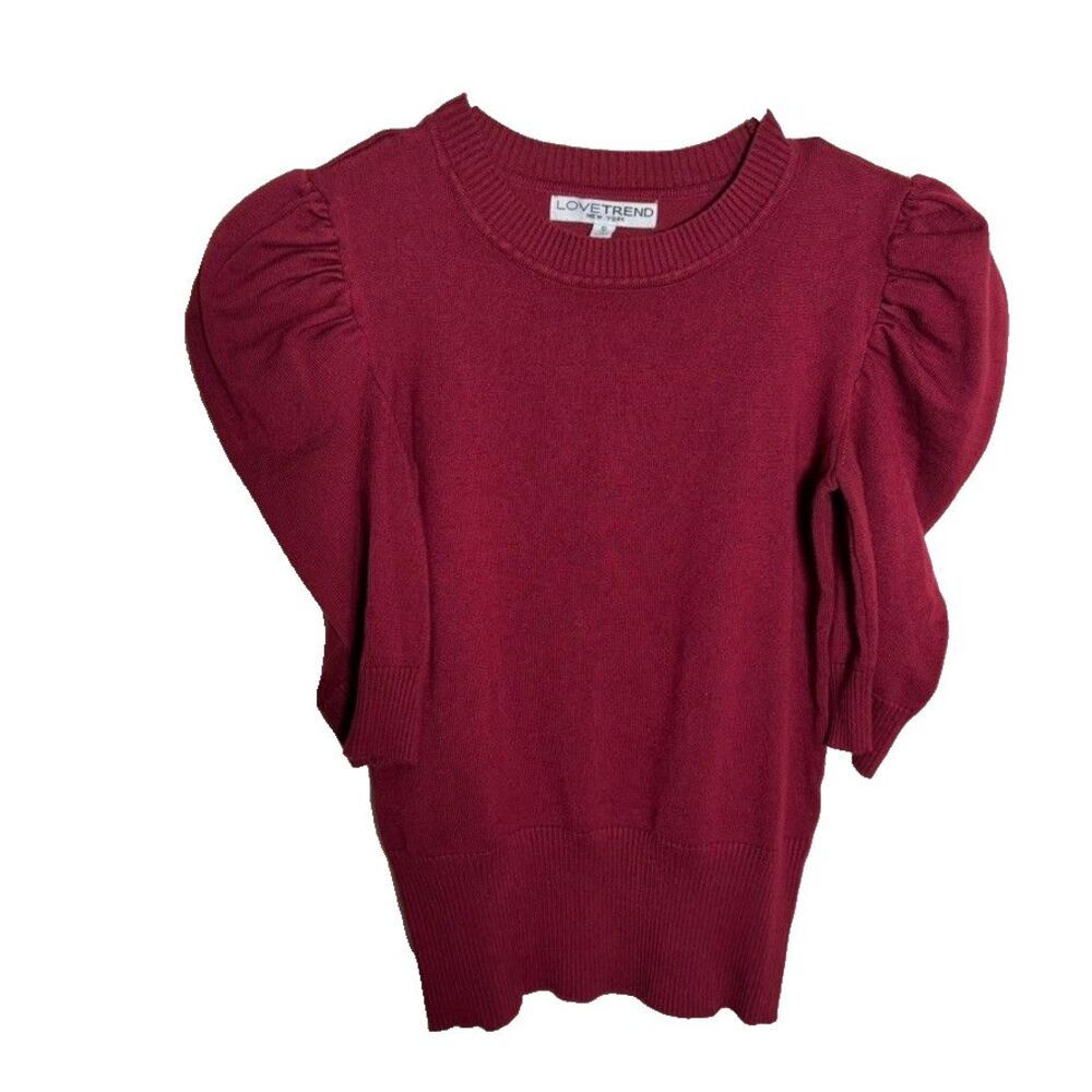 Love Trend Sweater Women's Small Red Knit Ruched Puff Sleeve Pullover Casual